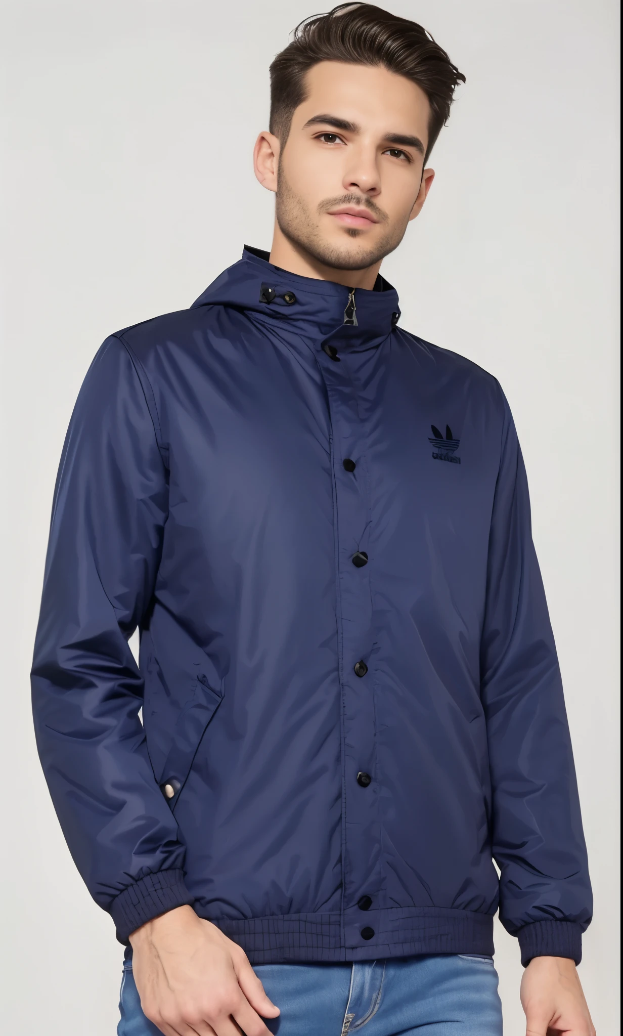 a man in a Jaqueta azul and jeans stands against a white background, Jaqueta azul, jaqueta esportiva, roupas esportivas, wearing Jaqueta azul, wearing a Jaqueta azul, roupas esportivas, man in adidas fato de treino, Parka Azul, fato de treino, foto de perfil, vestindo um moletom azul, 🔥 😎 🕹️ 👀, record jacket, harmony Jaqueta azul