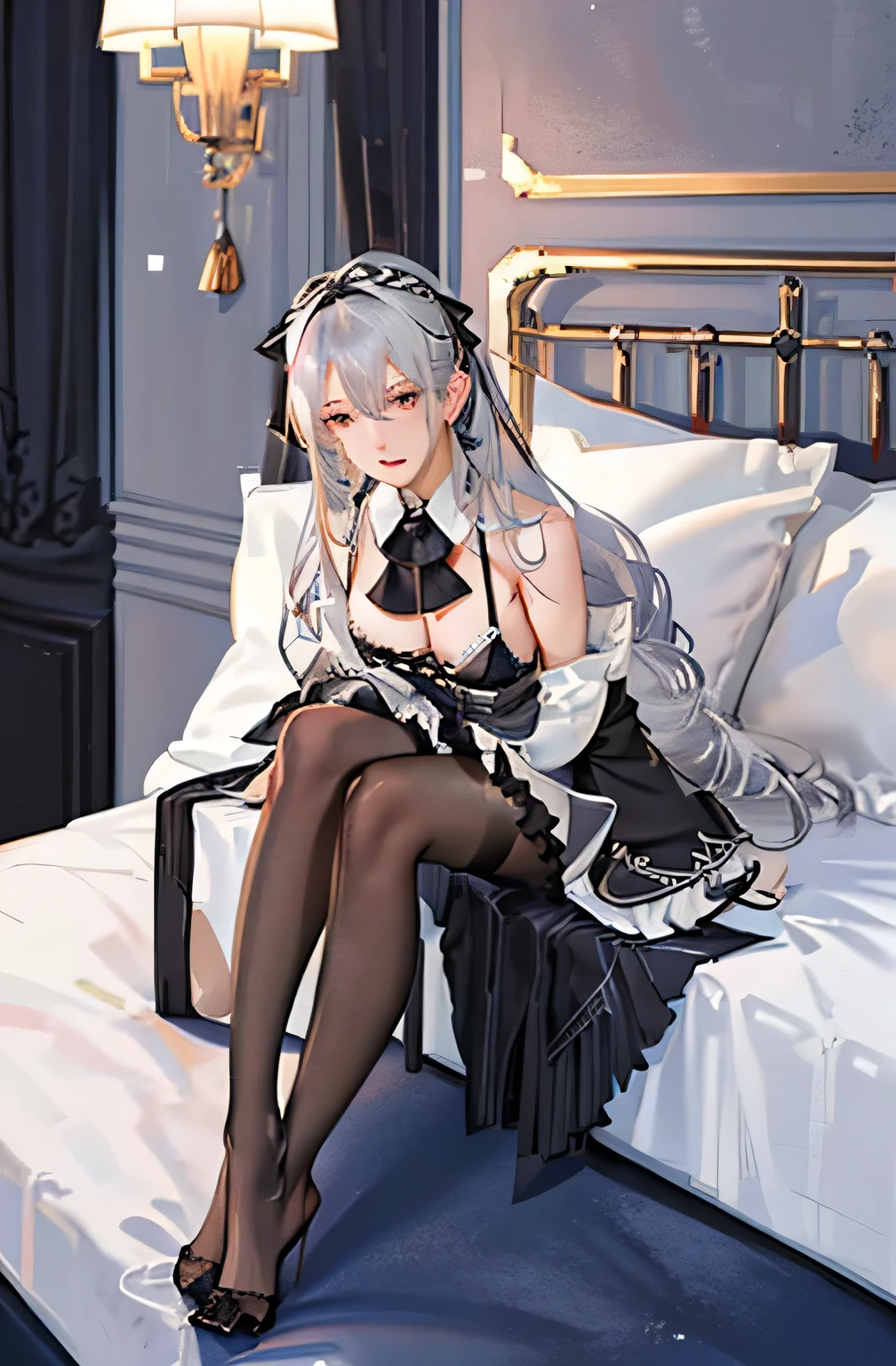 (((1 girl)),Ray Tracing,(Dim lighting),[Detailed Background (Bedroom)),((Silver Hair)),((Silver Hair)),(Fluffy Silver Hair, Plump and slender girl)) Raised ponytail)))) Avoid blonde eyes in the ominous Bedroom ((((Girls、She wears intricately embroidered black high-waisted pants and pantyhose.。) White frilly ribbon gloves), Showing off a delicate, slim figure and graceful curves, Correct limbs, Sitting on the bed、8K、Perfect female body、Red line clothes、8K、High quality、Naughty fashion、Big Breasts、Eros、Lingerie、Pink outfit、bikini