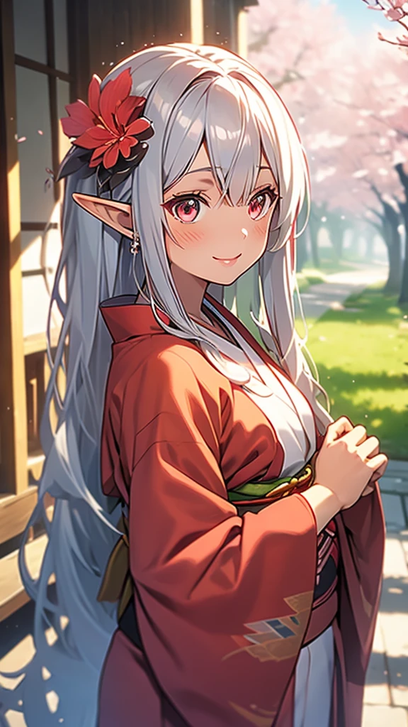 An elf woman, tanned brown skin, beautiful silver hair, pointed ears, beautiful red eyes, Japanese kimono, cherry blossoms, upper body depiction, friendly smile, lips open, upward gaze, looking at the viewer, 8K,