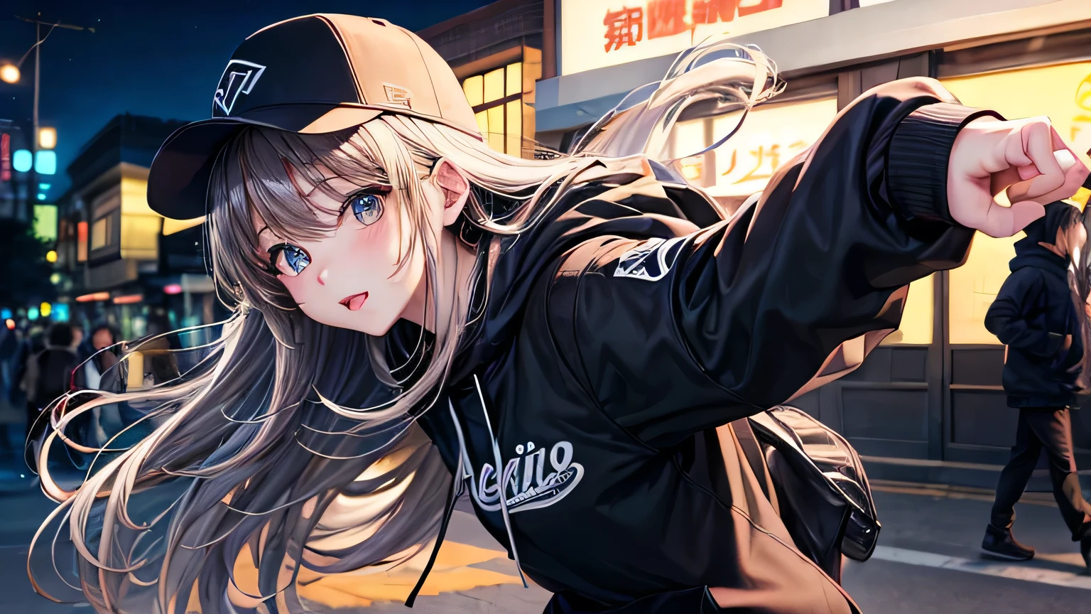 highest quality、masterpiece、Ultra-high resolution、Detailed and highest quality depiction of the upper body、(Realistic:1.4)、1 female、15 years old、The ultimate beauty、so beautiful, Shiny, Light、Long Hair、Very large bright eyes、Eye highLights、Detailed and highest quality eye depiction、charm、large black hoodie、Plain black baseball cap、midnight、bustling street、Neon light、