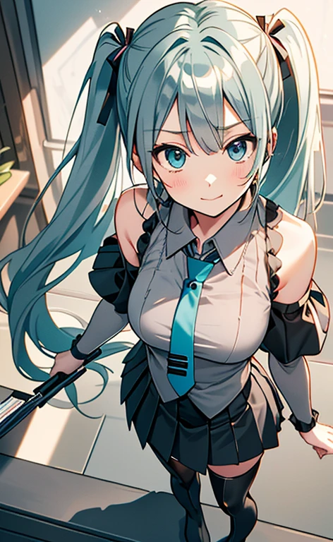 (masterpiece:1.4、top-quality、illustration:1.4,realistic、)、(character focus、breast focus,upper body:1.3)、(1girl),(clear face:1.3),(miku hatume),cute face,blue eyes、()、
,(stand:1.4),(Shining smile),
,(slender),(aqua necktie, black footwear, black skirt, black sleeves, boots, collared shirt, detached sleeves, grey shirt, necktie, pleated skirt, shirt, skirt, sleeveless, sleeveless shirt, thigh boots, tie clip,:1.3),
(light green long hair:1.6,,),(twintails), (small breasts:1.3)、
、slender、