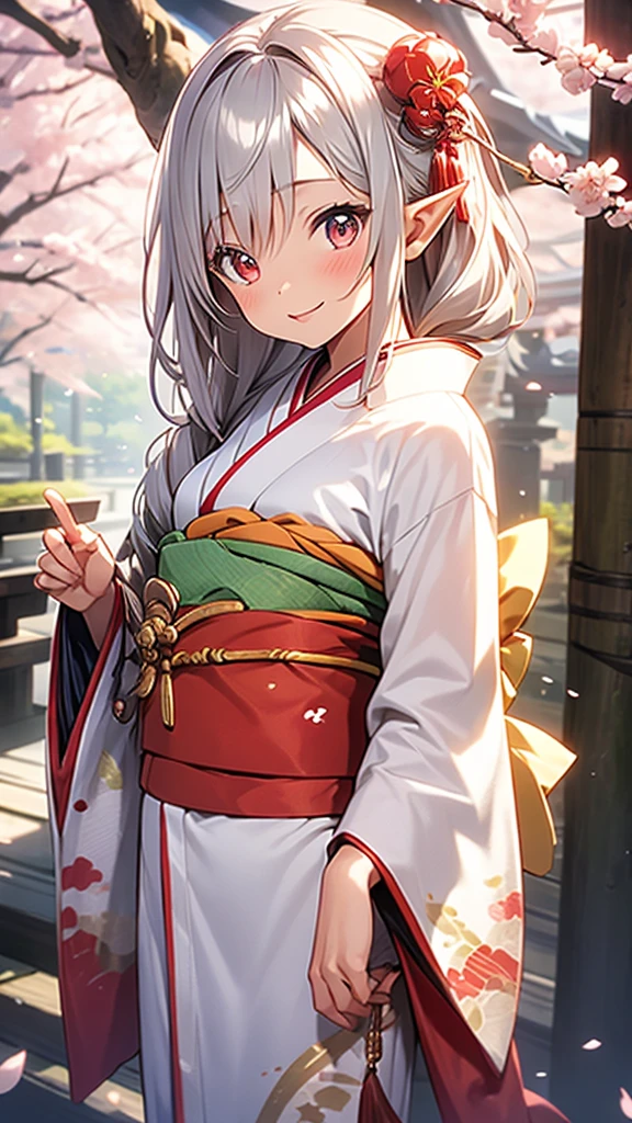 An elf woman, tanned brown skin, beautiful silver hair, pointed ears, beautiful red eyes, Japanese kimono, cherry blossoms, upper body depiction, friendly smile, lips open, upward gaze, looking at the viewer, 8K,