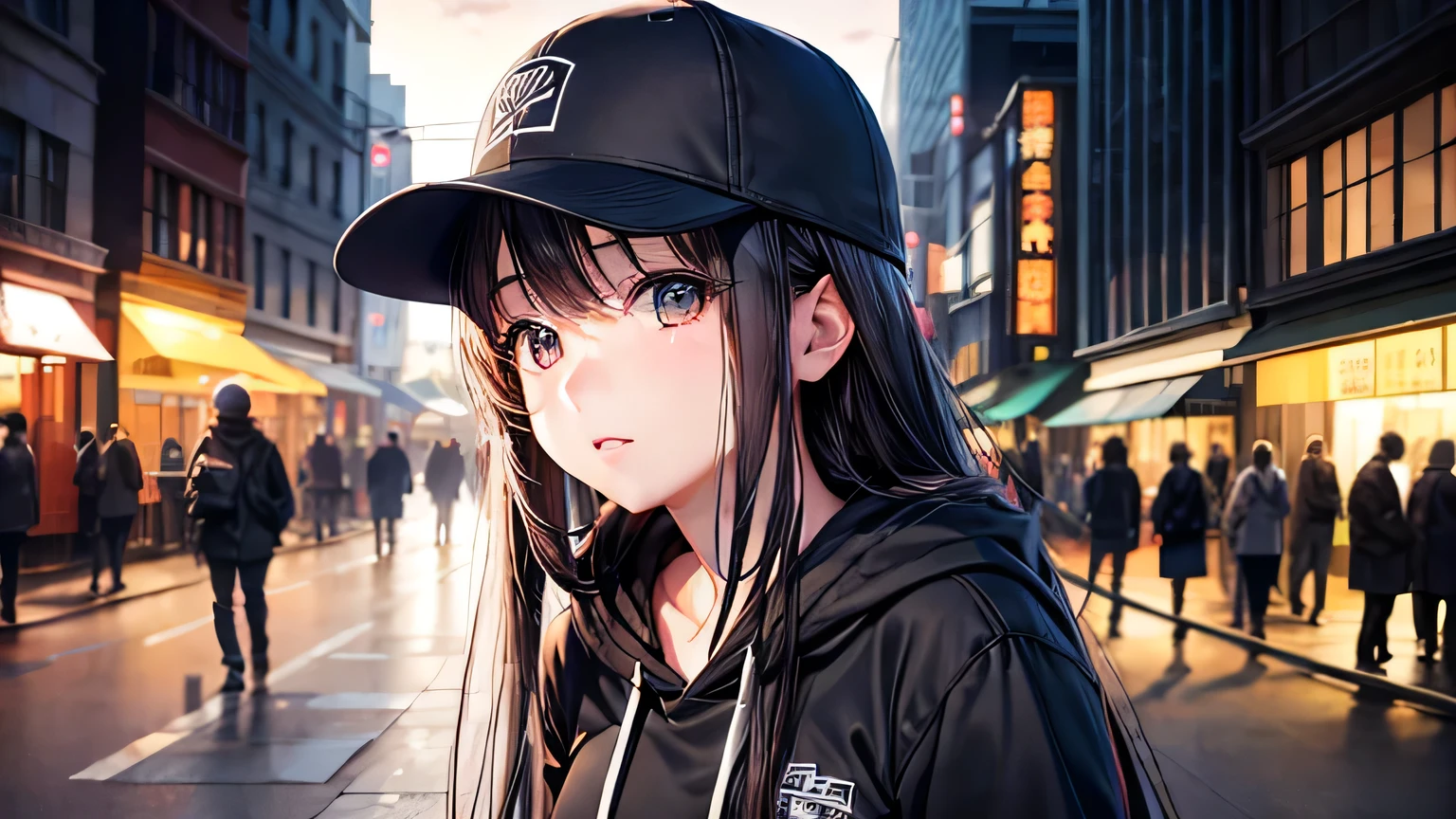 highest quality、masterpiece、Ultra-high resolution、Detailed and highest quality depiction of the upper body、(Realistic:1.4)、1 female、、The ultimate beauty、so beautiful, Shiny, Light、Long Hair、Detailed and highest quality eye depiction、charm、large black hoodie、Plain black baseball cap、midnight、bustling street、Neon light、