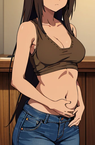 ((best quality)), ((masterpiece)), (detailed), perfect face, brown skin anime girl in a deep V Neck tank Top, (jeans trousers), famished in hunger, (gently resting hands on stomach), (long hair), (hands on her stomach)