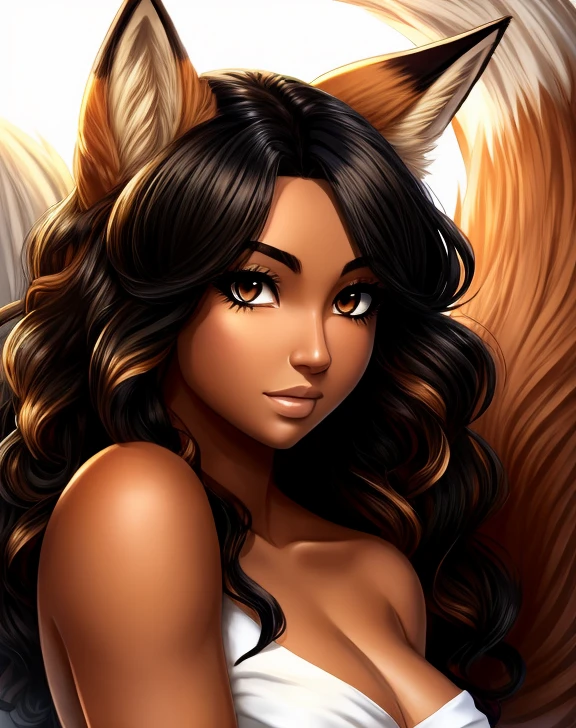  curvaceous yet chubby fox Demi human woman with tanned brown skin, curly black hair with blonde streaks, brown eyes with long thick lashes, fluffy fox tail white tip with fox ears tipped black