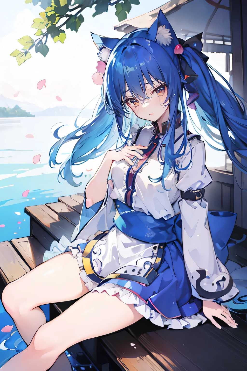 (masterpiece:1.2),ultra-detailed,realistic,expressive eyes,fair-skinned,perfectly shaped face,1girl,
Japanese cartoons,Gorgeous blue hair, flowing blue hair,floating clothes,cat ears,petals falling,beautiful Lola,Hina Angel,
hands on waist,gracefully sitting on the ground,legs crossed,gentle and serene background,cool and comfortable pavilion,smile.
