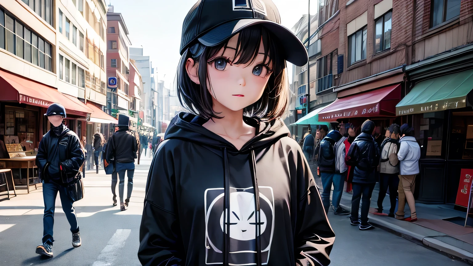 highest quality、masterpiece、Ultra-high resolution、Detailed and highest quality depiction of the upper body、(Realistic:1.4)、1 female、15 years old、The ultimate beauty、so beautiful, Shiny, Light、Super Short Hair、Detailed and highest quality eye depiction、charm、large black hoodie、Plain black baseball cap、midnight、bustling street、Neon light、