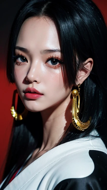 1 girl, Boa Hancock from One Piece, cute and pretty,long black hair, earing, red kimono, dark background,hyper detail, ultra realistik, 8k HD