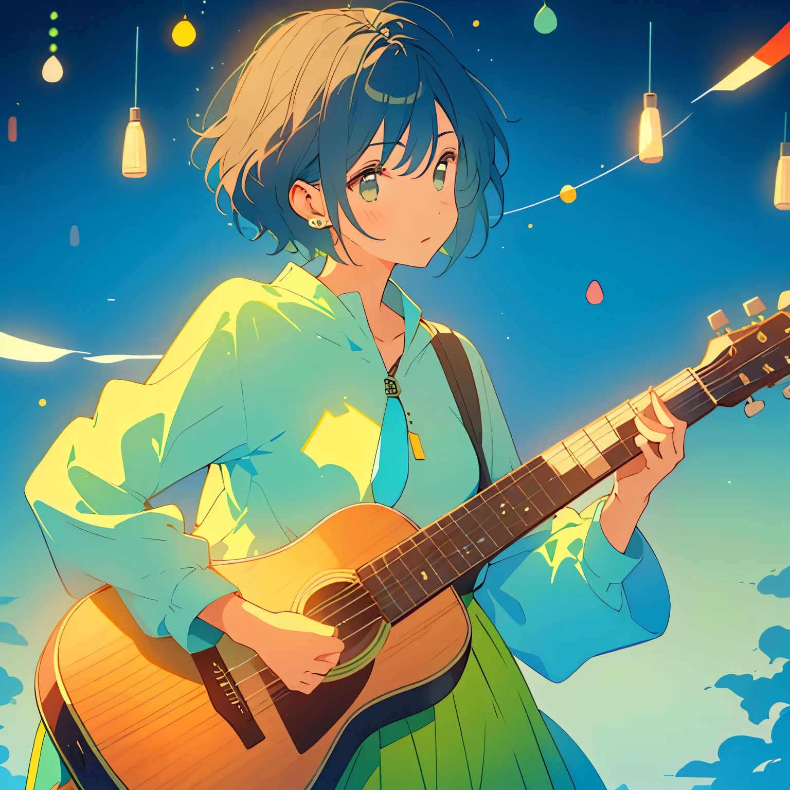 30-year-old female、short hair、Look diagonally forward、Long sleeve、Acoustic guitar、green