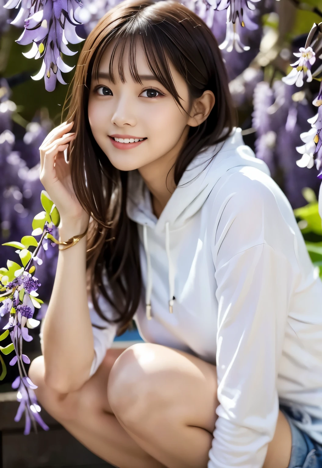 masterpiece, best quality:1.1), (8k, raw photo, photo realistic:1.2, f22), (shiny skin), detailed skin,long hair,detailed face, detailed eyes,smile,BREAK, real world, intricate details, smil, BREAK, 1girl, full body,(black,hoodie)BREAK, (wisteria flowers:1.4), BREAK