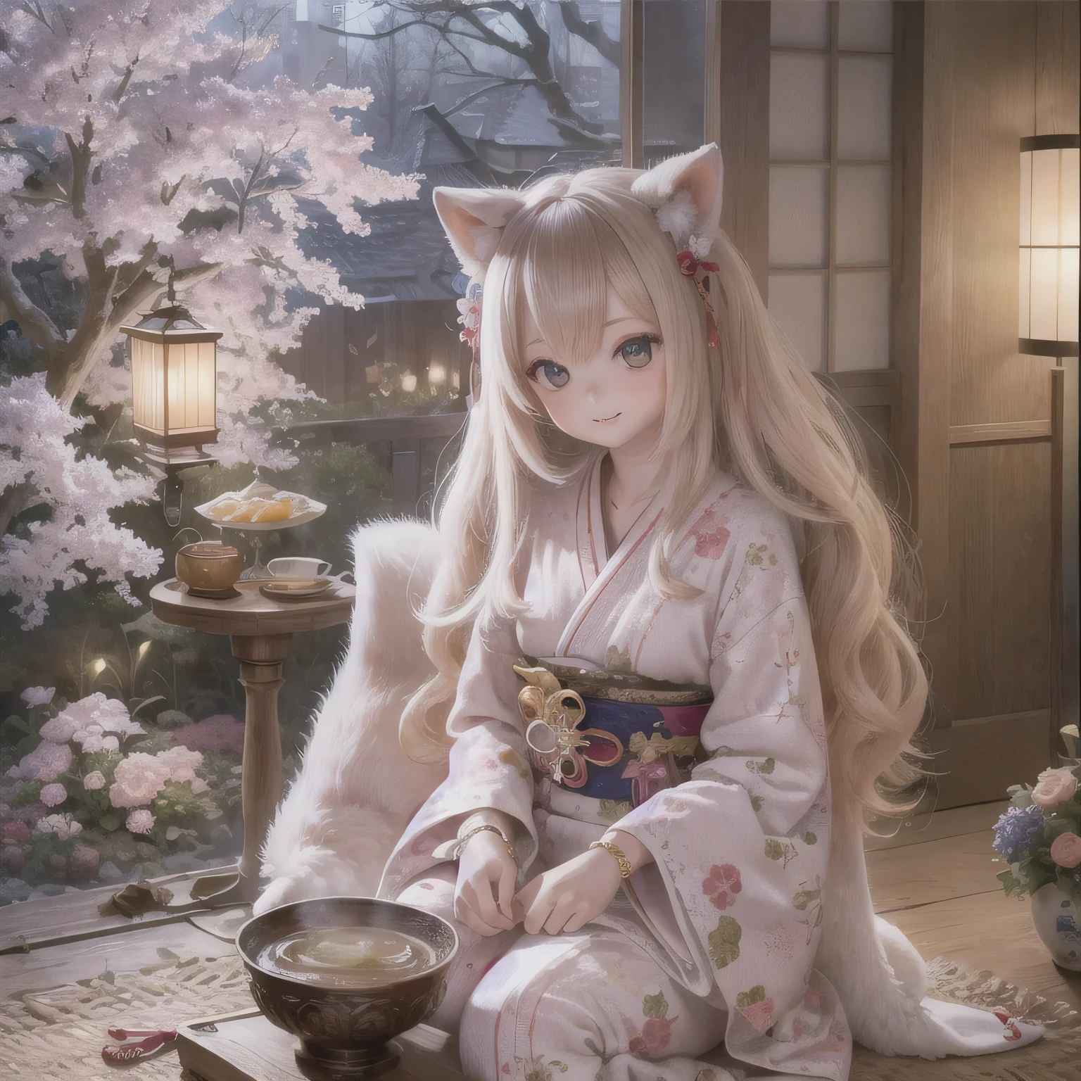(best quality,4k,8k,highres,masterpiece:1.2),ultra-detailed,realistic,portraits,shiba inu girls chibi,traditional,peaceful,beautiful detailed eyes,beautiful detailed lips,soft and fluffy fur,girls in colorful yukatas,enjoying a relaxing time at a hot spring inn,tranquil atmosphere,traditional Japanese tatami room,floor-to-ceiling windows overlooking a picturesque garden,steamy hot spring water,decorative lanterns,lovely flower arrangements,delicate kimonos with intricate patterns,gentle steam rising from the onsen,serene smiles,twinkling stars in the night sky,magical cherry blossom trees in full bloom,painting-like scenery,soft pastel color palette,warm and cozy lighting,quiet and soothing ambiance,lovely shiba inus in chibi style,playful poses,cute accessories like bows and ribbons,lively expressions,relaxed and carefree atmosphere,refreshing green tea cups on a low table,sweet aroma of freshly brewed tea,gentle sound of flowing water from a nearby waterfall,subtle chirping of birds,serenity and bliss.