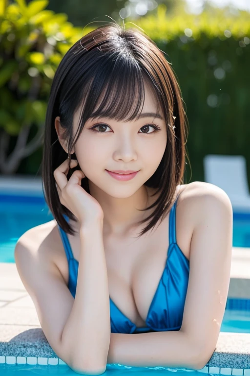 8k、highest quality、Upper Body:1.5、Very detailed、High resolution、8k、By the pool、Small breasts、Natural color lips、Detailed face、Cute Smile、Cute Japanese Woman、Cute 20 year old girl、Beautiful and elegant face、Cute face、Natural Bangs、Thin eyebrows、Beautiful thin nose、Beautiful Skin、Medium Bob Hair、Natural Bangs、Slim face and figure、(Looking at the camera with a cute expression)、Bright lighting、Professional Lighting、Forward lighting、Natural smile、Cute pose、(競泳Swimwear)、Wet Hair、Wet Skin、Girl in the pool、ワンピースSwimwear、競泳Swimwear、Swimwear、