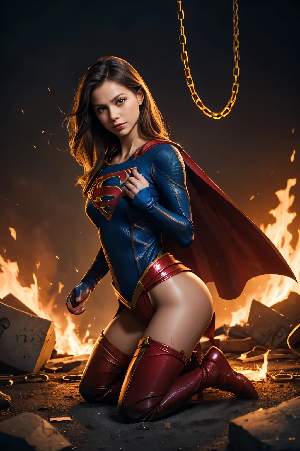 Supergirl, beautiful, many wounds, tied many chains of fire all over the body, hands tied to chains of fire, medium booty, original, shiny, sharp, masterpiece, much torn in clothes