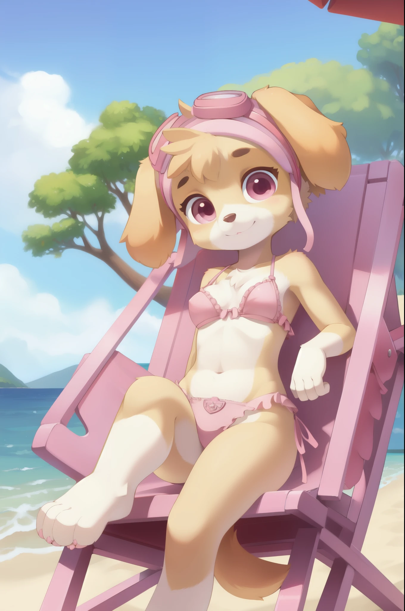 Skye, dog, young, furry female, anthro, body fur, small breasts, ((goggles, pink pilot hat, pink frilly bikini)), detailed body fur, detailed face, detailed eyes, glistering body, shiny body, gorgeous body, masterpiece, full body, feets with three toes, 3 toes, sit on beach chair, beach, clear sky, full body, :3, athletic body, looking at you,