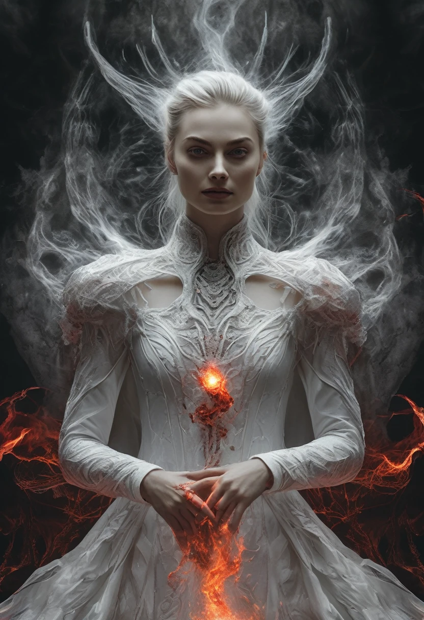 highly detailed fantasy head and shoulder portrait of (ohwx woman),powerful witch,levitating above the ground,emitting a semitransparent red energy from whole body,wearing black and white dress,both hands conjuring fire pointed towards viewer,looking at viewer,hyperdetailed photography,4k textures,symmetrical face,evil smile,detailed skin,perfect skin,perfect eyes,perfect teeth,super high resolution photo,8k resolution,