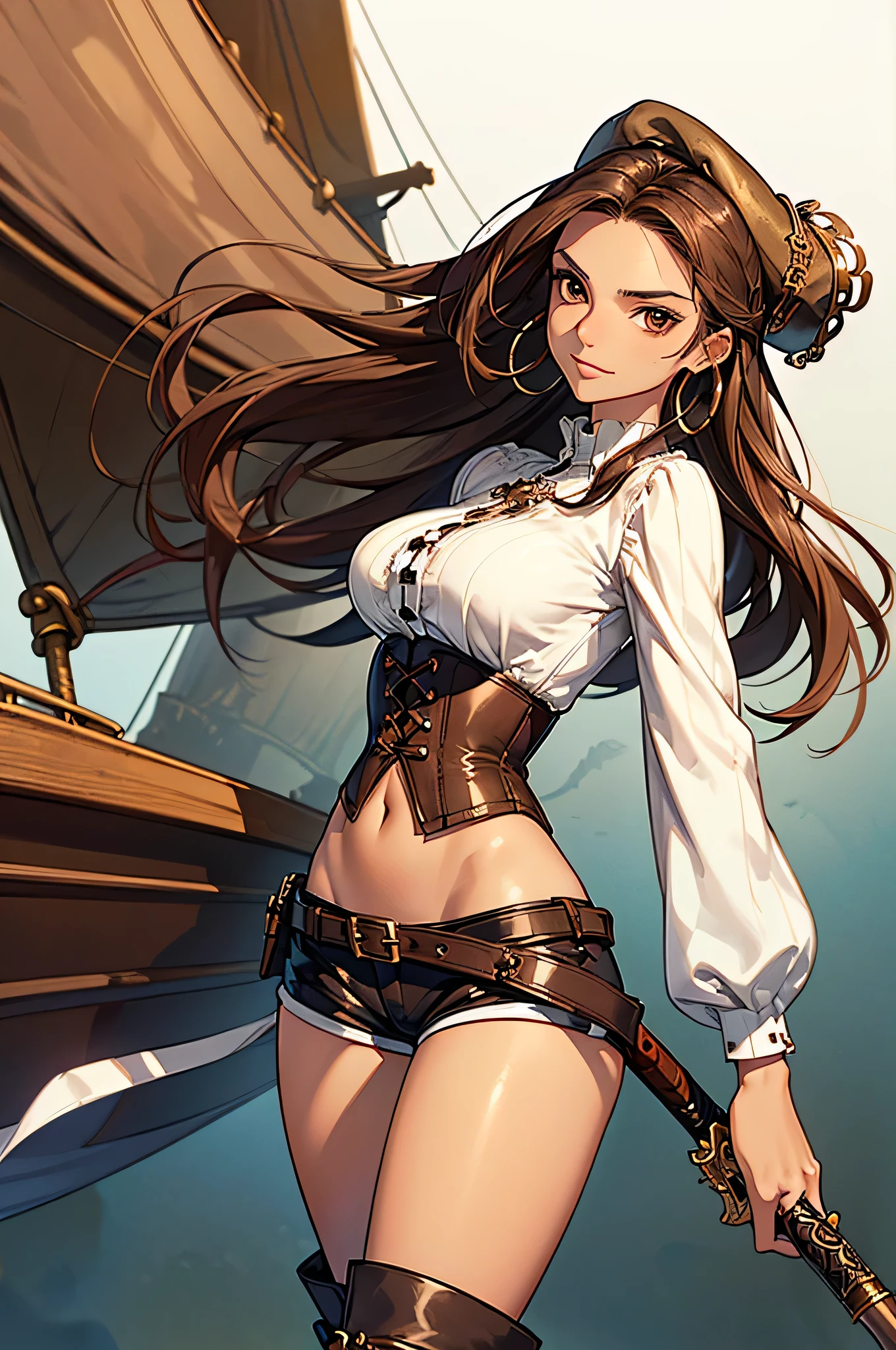 (masterpiece), best quality, expressive eyes, perfect face, (pirate ship background), (standing), (smirk), (closeup view), (1girl, vanessa alessia, dark skin, tanned skin, brown hair, wavy hairstyle, brown eyes, hourglass figure, thin body, skinny body, petite_body, medium breasts, thick thighs, long fingernails, brown plaid head wrap, white front lace blouse, long sleeve, loose fit, brown leather corset, brown leather shorts, brown boots, sheathed cutlass sword, flintlock pistol in holster, hoop earrings, miscellaneous jewelry)