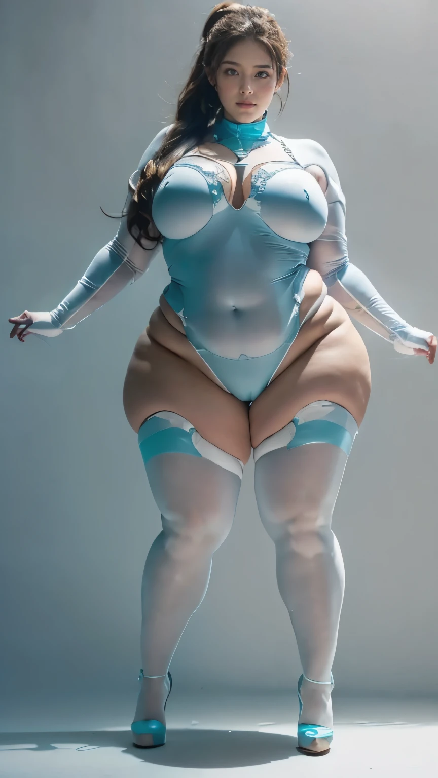 (highest quality、8k、32k、masterpiece、Ultra-high resolution:1.2、Perfect body beauty:1.2、Wearing a futuristic hero suit that glows pale blue and white:1.5、Cute 25 year old White woman、Big and ample breasts:1.5、Upper Body、front、Simple Background、Looking at the audience、Dynamic pose:1.8、sunlight、nswf:1.5 ((Light blue rubber suit)),((Huge slack)),((heavy body)),((Wide Hips)),((Thick body)),((Fat belly)),((Fat girl)),((Chubby)),((Big Size)),((White woman)),((Brown Hair)),((short hair)),((blue eyes)),((Full body portrait))、Long socks、I can't see my bare skin、High heels、Full body portrait、ponytail、Simple Background、Full body portrait、Full body portrait、High heels、Stand with your feet shoulder-width apart、One Woman、Simple white background、