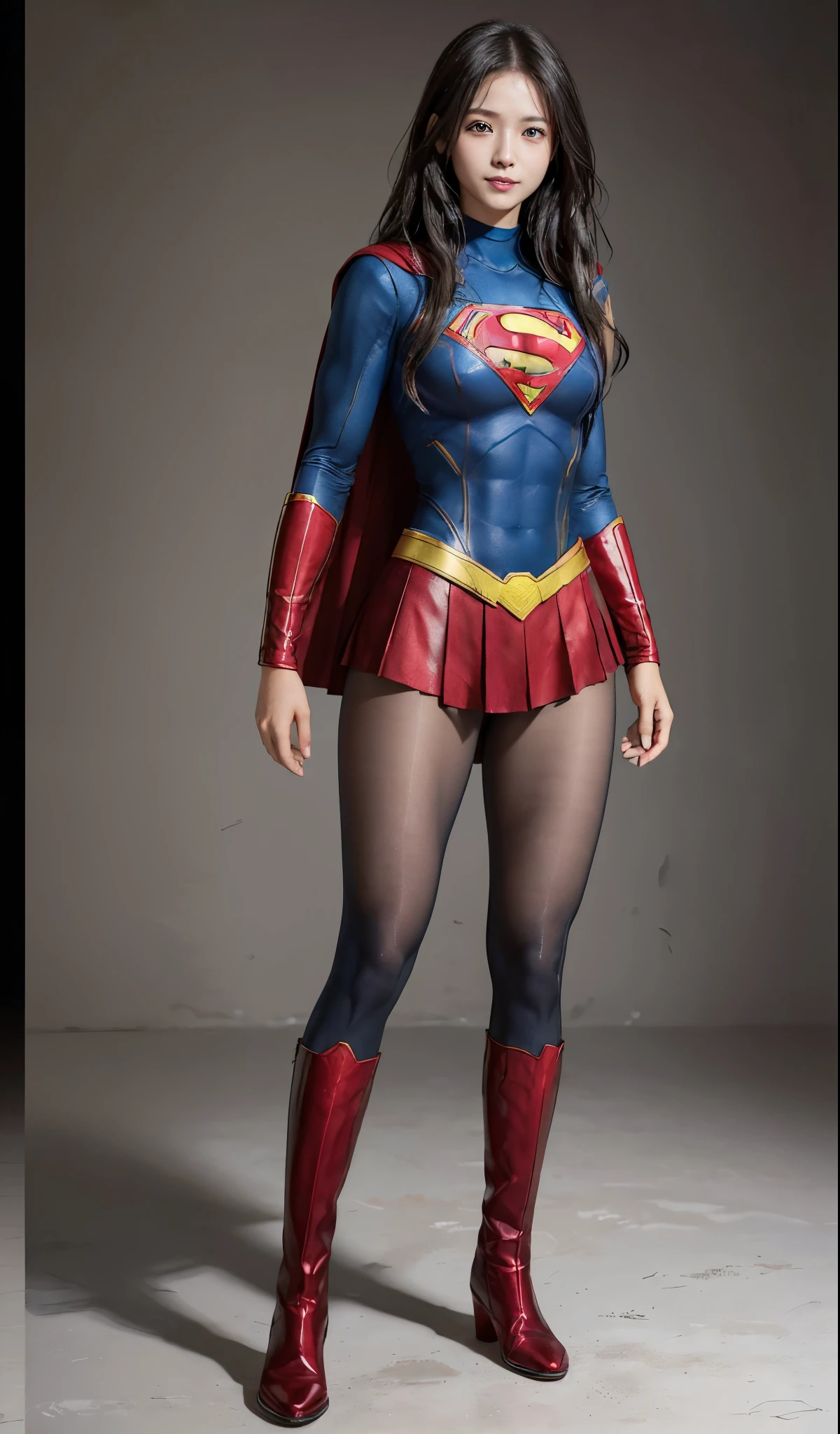 No background、(((Beautiful legs in black tights.)))、(((Legally express the beauty of your smile)))、((((Make the most of your original images)))、(((Supergirl Costume)))、(((Beautiful Hair)))、(((suffering)))、(((Please wear black tights....、Wear red boots)))、((Best image quality、8K))、((highest quality、8K、masterpiece:1.3))、(((Preserve background )))、Sharp focus:1.2、Beautiful woman with perfect figure:1.4、Thin abdominal muscles:1.2、Wet body:1.5、Highly detailed face and skin texture、8K