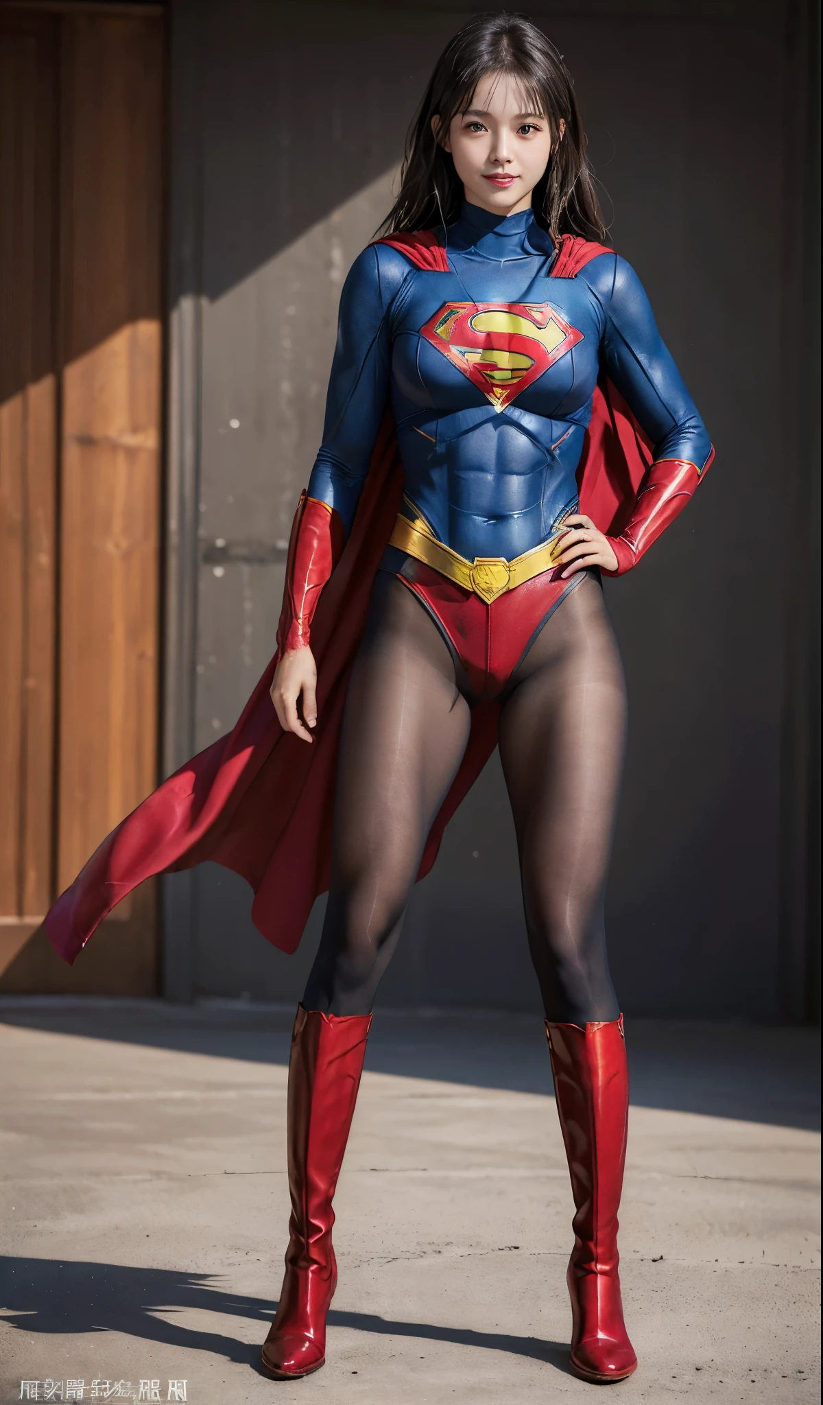 No background、(((Beautiful legs in black tights.)))、(((Legally express the beauty of your smile)))、((((Make the most of your original images)))、(((Supergirl Costume)))、(((Beautiful Hair)))、(((suffering)))、(((Please wear black tights....、Wear red boots)))、((Best image quality、8K))、((highest quality、8K、masterpiece:1.3))、(((Preserve background )))、Sharp focus:1.2、Beautiful woman with perfect figure:1.4、Thin abdominal muscles:1.2、Wet body:1.5、Highly detailed face and skin texture、8K