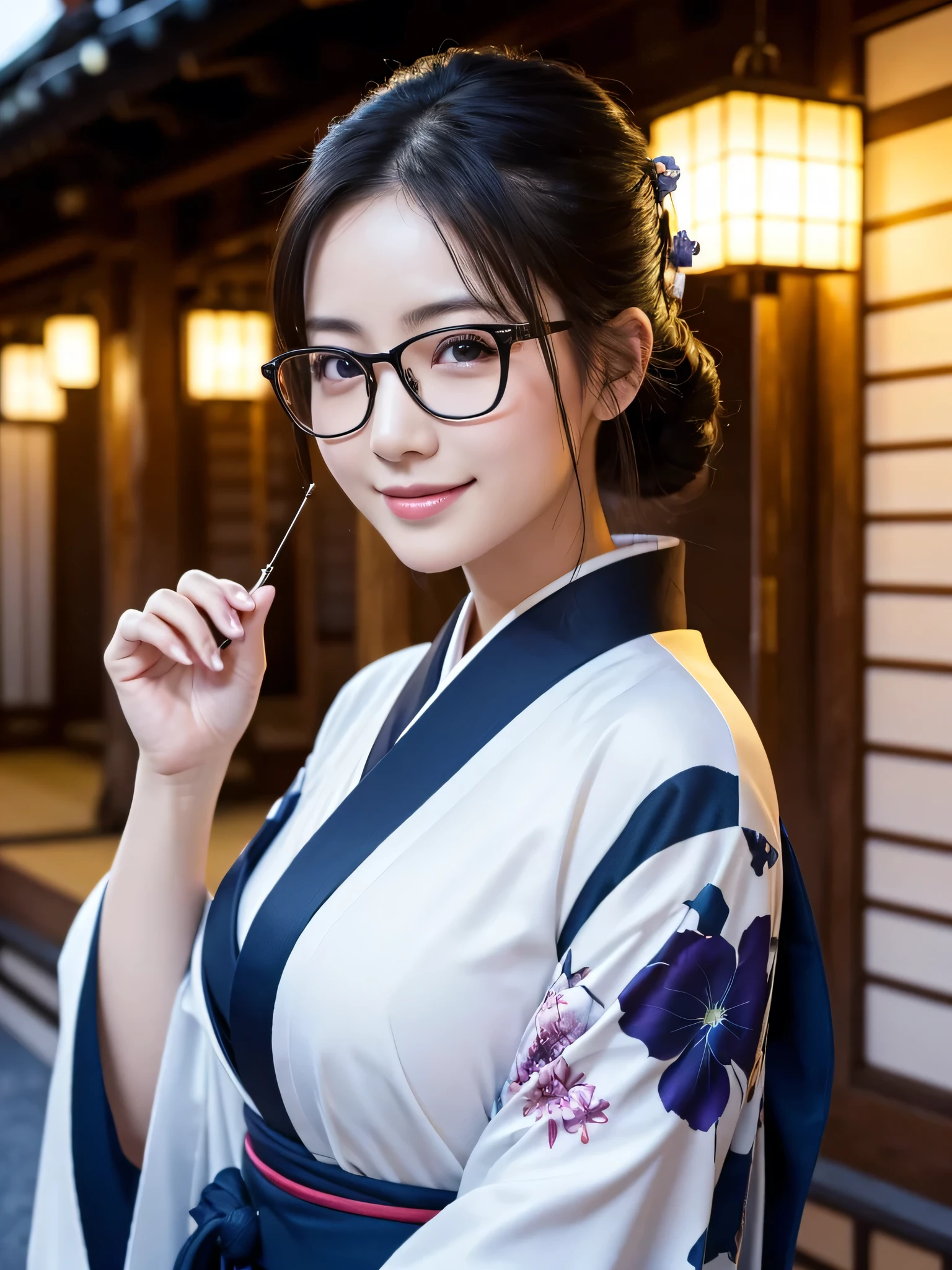 (Super beautiful woman in kimono)、((highest quality、8K masterpiece:1.3))、sharp focus:1.2、(super beautiful face:1.0)、(shiny skin:1.0)、realistic pictures、black hair、video lighting、High resolution eyes and face、video lighting、japanese actress、from the front、big breasts、with a happy smile、Slender abs beauty、whole body、wearing a kimono、in Kyoto、luxury obi、In Kyoto at night、wearing glasses with no edge