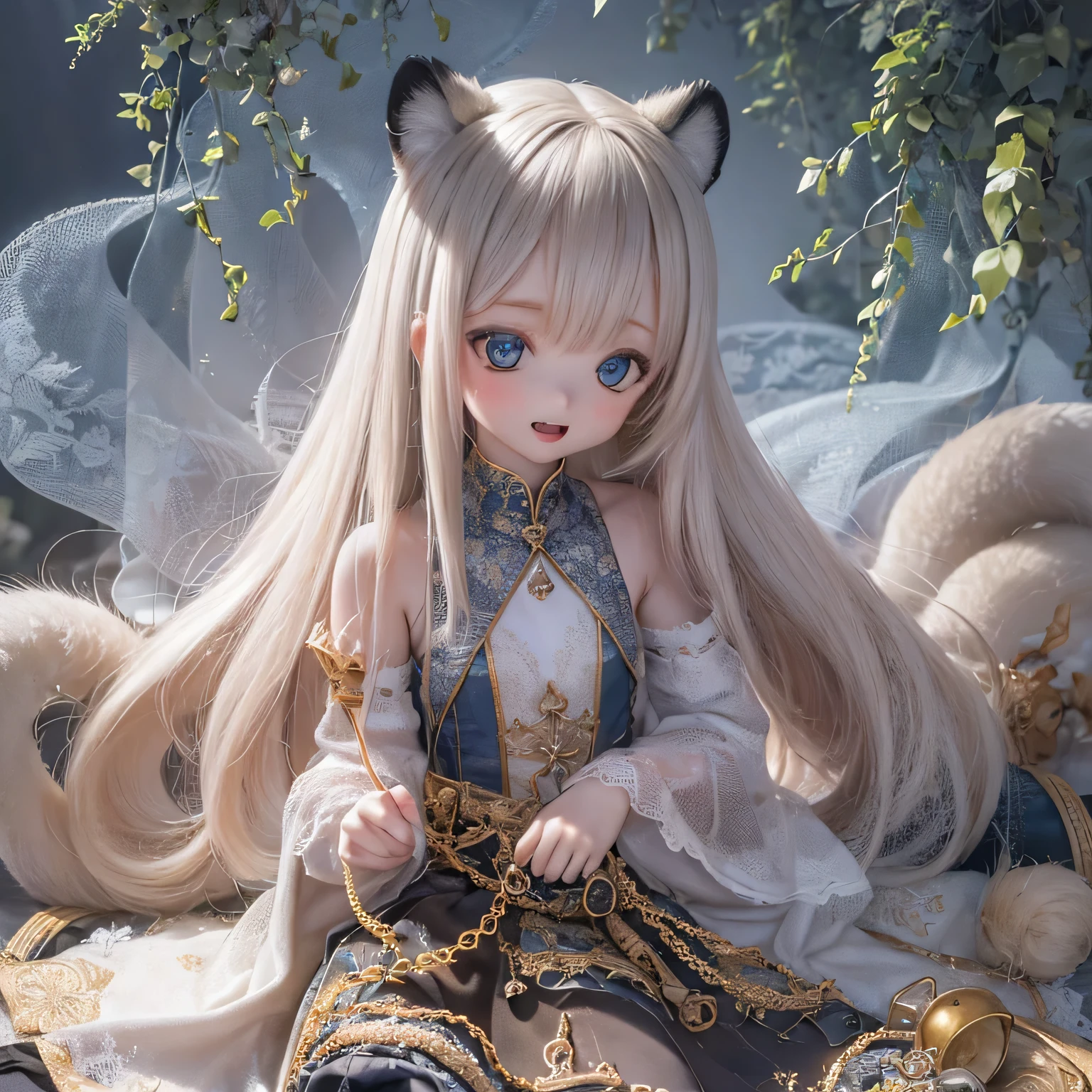 (highest quality,4K,8k,High resolution,masterpiece:1.2),Very detailed,Realistic,White Tiger Girls Chibi,Beautiful fine details,Long eyelashes,Detailed lips,A girl in colorful and cute clothes,Tall trees with bright flowers々Play in a magical garden filled with,Soft and warm sunlight on the tree々Plug in from between,Creates a magical and dreamy atmosphere,Sparkling fairy dust floating in the air,Bring a sense of fascination and wonder to your scenes,The skin has a delicate and intricate tiger pattern.,Glows softly, Mysterious Light,The innocent and happy expressions of the girls, 
Emphasize a pure and playful personality,Small and adorable chibi characters, 
Increase the cuteness, A harmonious blend of reality and fantasy, 
Evokes childlike joy and imagination, vibrant and lively color palette, 
Shades of pink, purple, Blue and,Painting-like texture, Add depth and richness to your artwork, Capture the magical essence of the scene.