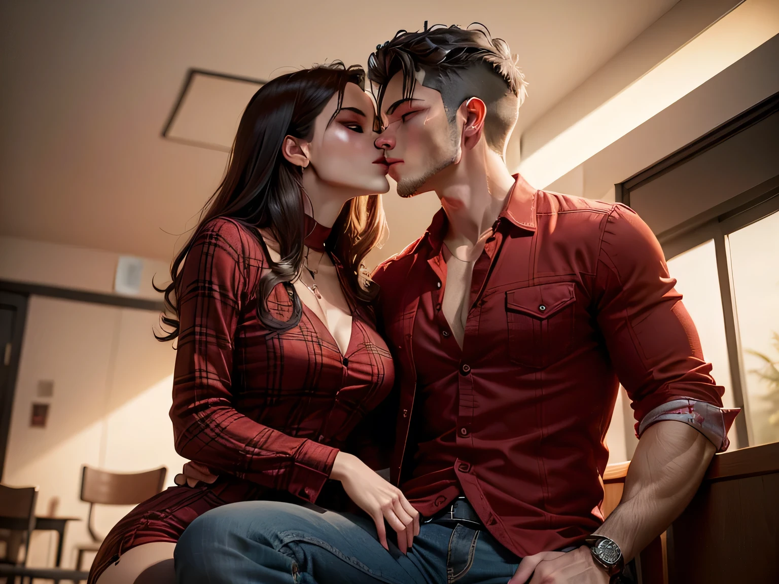 Young sexy girl wearing a red dress sitting on lap of young boy wearing a red and black flannel shirt and jeans who is sitting on a chair, kissing, making out, passionately, dim lighting, sexy, hot, lustful