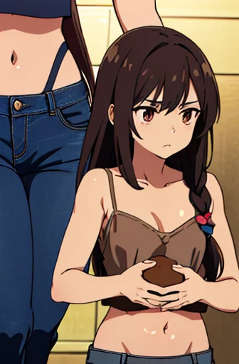 ((best quality)), ((masterpiece)), (detailed), perfect face, brown skin anime girl in a deep V Neck cami Top, (jeans trousers), famished in hunger, (gently resting hands on stomach), (long hair), (hands on her stomach)