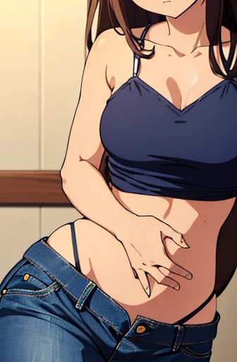 ((best quality)), ((masterpiece)), (detailed), perfect face, brown skin anime girl in a deep V Neck cami Top, (jeans trousers), famished in hunger, (gently resting hands on stomach), (long hair), (hands on her stomach)