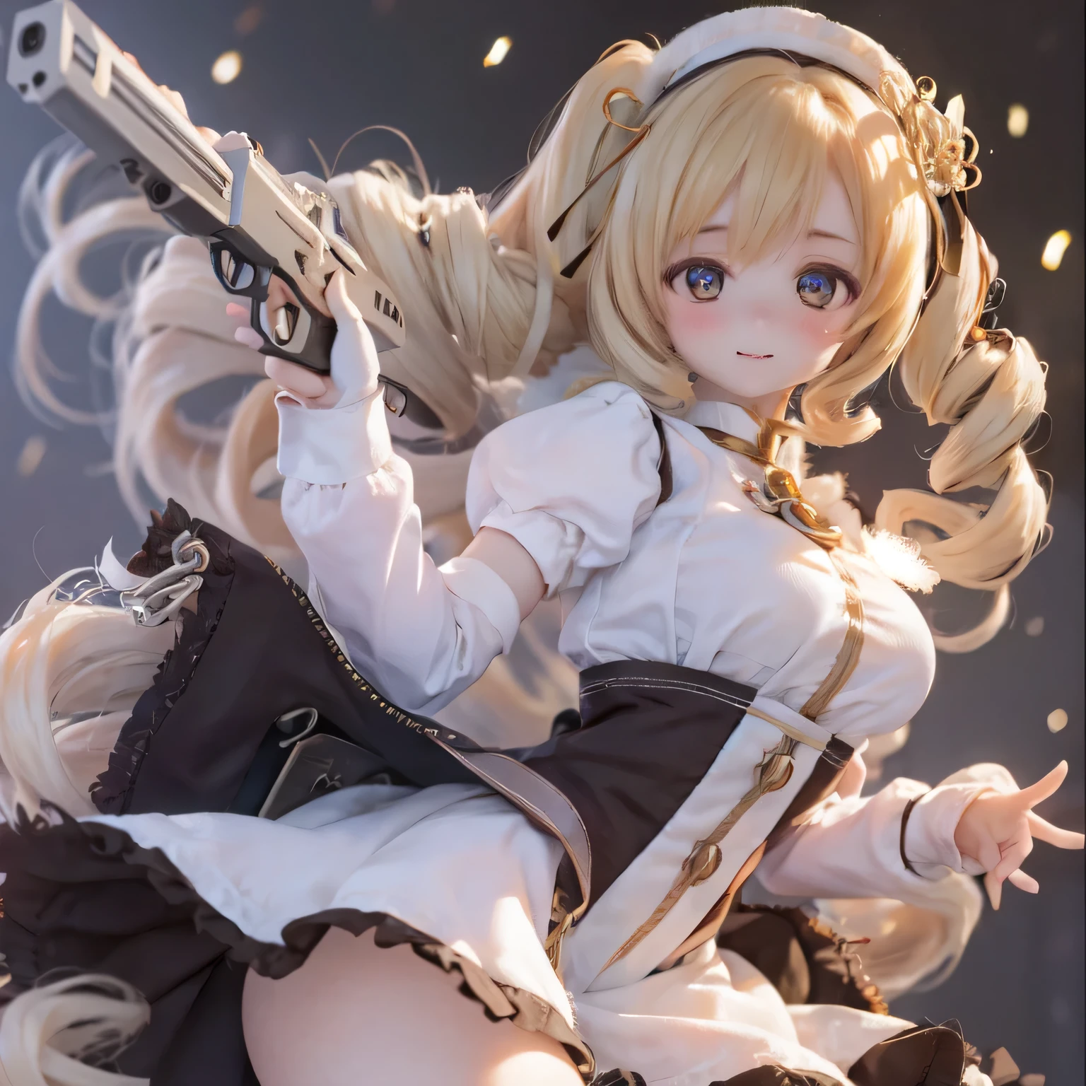 (best quality,ultra-detailed,realistic:1.37),beautiful detailed eyes,perfect complexion,radiant smile,magical girl Mami Tomoe from Puella Magi Madoka Magica,alluringly posing with her gun,teasing expression,flawless 30-year-old face,plump lips,voluptuous derriere
(wearing a dress), (additional details)
A photo with an ultra-high resolution demonstrates the realism by displaying intricate details.