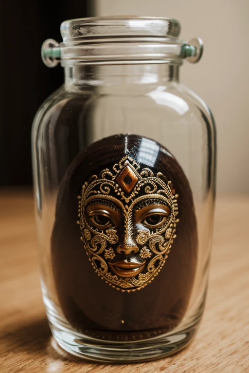 An intricate glass jar contains a brazilian woman's face inside