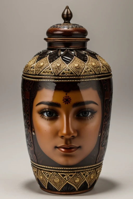 An intricate glass jar contains a brazilian woman's face inside