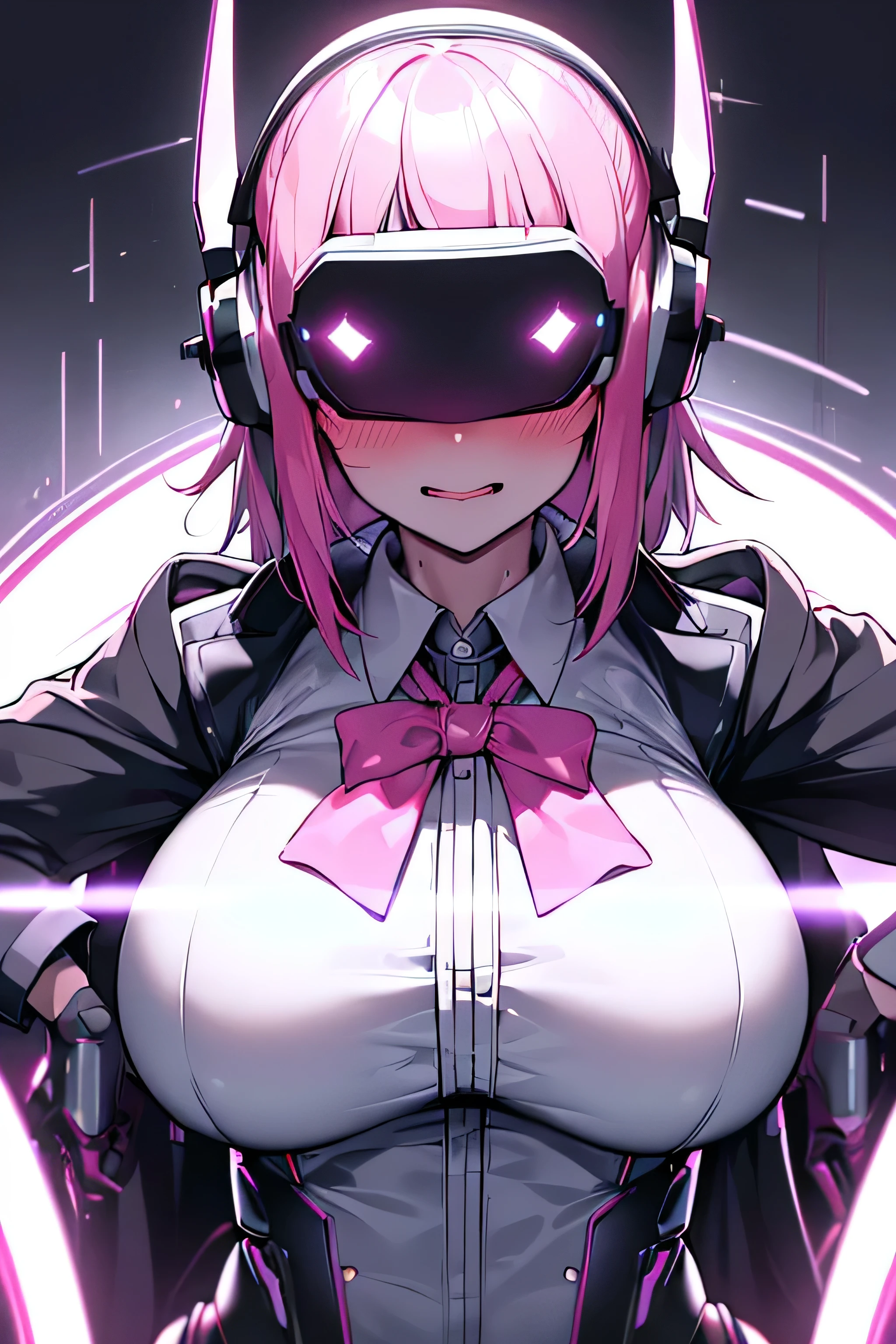 Anime cyborg girl sitting in a pilot seat wearing a virtual reality headset covering her eyes on her face with machinery and tubes and wires going inside her head and brain, (Best quality,highres:1.2), ultra-detailed, (realistic:1.3), cyberpunk, futuristic, portrait, shiny revealing latex outfit, cyber implants, virtual reality, drooling face, cables plugging into brain, shirt collar, bowtie, formal clothing, open mouth smile, facing viewer, girl is vibrating, glowing virtual reality headset, relaxed expression, blushing, cyber future formal wear, cyberpunk, futuristic, brain drain, cyber implants, virtual reality, drooling face, virtual reality headset covering eyes, , big collar, high collar, open mouth smile, pleasured face expression, skin tight clothing, big shirt collar, big bowtie, biggest breasts in the world, light-emitting cable connected to brain, head antennas, oversized headphones, breasts are vibrating, open mouth drooling, blank expression, red face blush, cyborg, android, mechanical creature, mechanical torso, futuristic cyberpunk cyborg body, slim futuristic android, glowing lights on girls body, power cells, head is emitting pink light, formal shirt collar, big formal bowtie, , glowing nipples, big shirt collar, high collar, white collar, electrocution, girl being electrocuted, electricity, electricity sparks, pink hair, short hair, neon pink hair, body modification, orgasm, pleasure, (VR headset covering the eyes), vibrating breasts, vibrating girl, intense vibration, glowing nipples, lightbulb nipples, girl wearing large VR headset, glowing eyes, blank eyes, focused face expression, buttoned up white dress shirt, formal shirt with huge collar