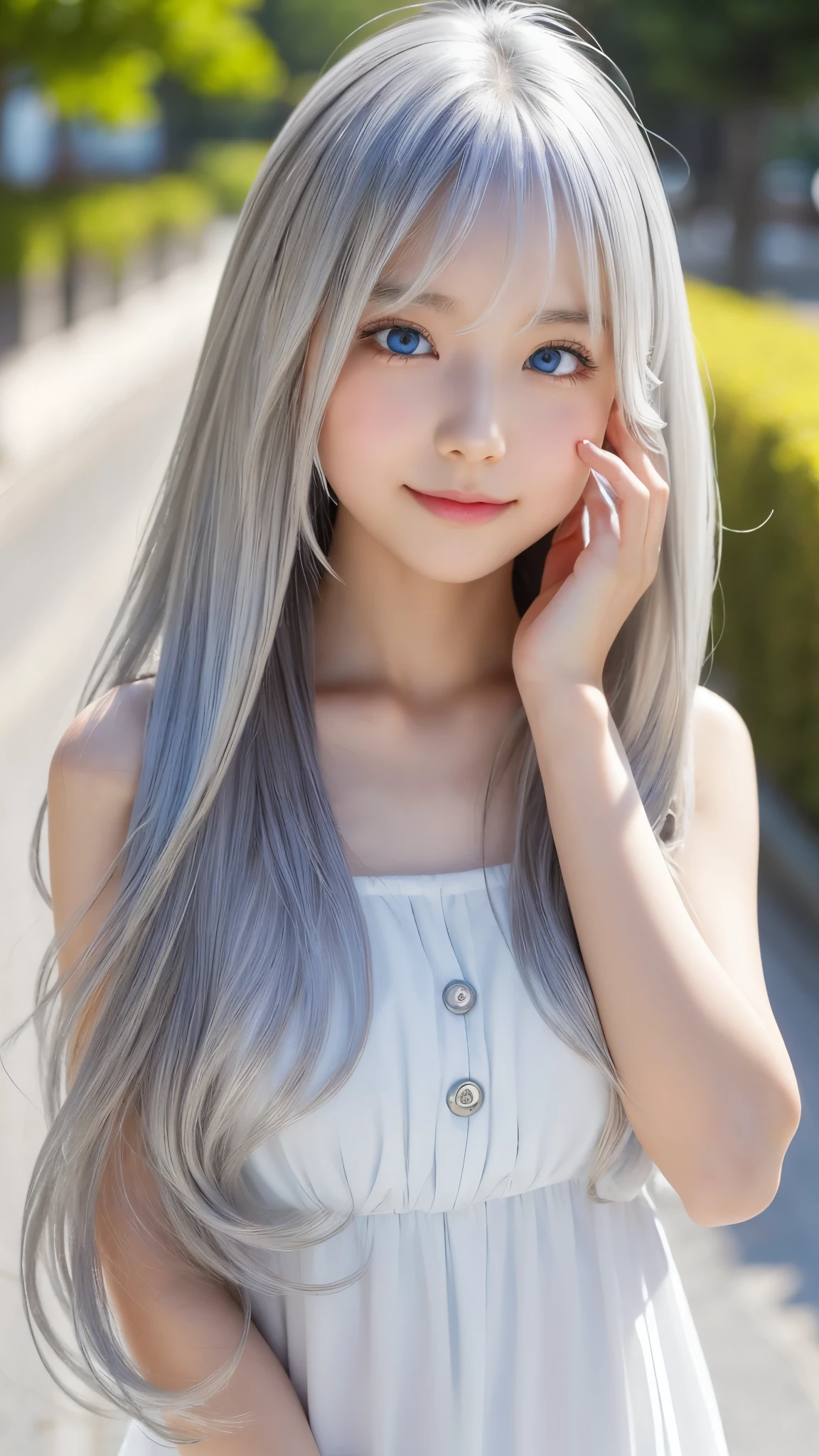 Shining, clear, white skin、Her windblown silver hair hides her beautiful face.、huge、Sexy beautiful face of 28 years old、Beautiful straight hair that stands out、growing up, Sparkling light blue eyes、Sexy long silky bangs covering the eyes, Sexy young woman with super long hair hiding her sexy face、Shining silver hair、(((Sexy Woman)))