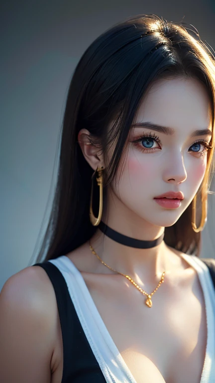 (Masterpiece:1.3), (8K, Photorealistic, RAW photo, Best quality: 1.4), (1girll), Beautiful face,(Black hair, long whitr hair:1.3), Nice hairstyle,photorealistic eye,Nice detail eyes,(Delicate skin tone Realistic skin),Beautiful skins,(White suspender top),absurd res,enticing,Ultra-high resolution,Ultra photo realsisim,The is very detailed,the golden ratio,Huge,Huge,Bust photo,choker necklace,ear jewelry,