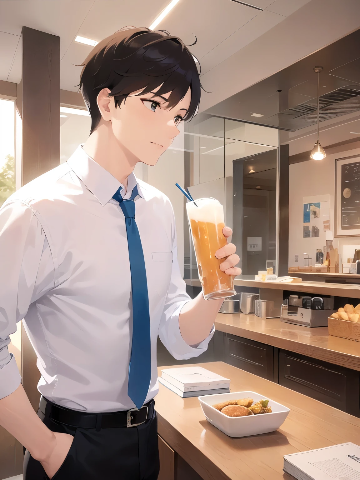 holding a beer, side angle, (looking away:1.5)、masterpiece、highest quality、(25-year-old male:1.5) and (Brown short hair) and (Green Eyes), (White shirt) and (Blue tie)、smile、open mouth, 7. The background is a restaurant、(Alone:1.5)、Upper body is shown、Are standing