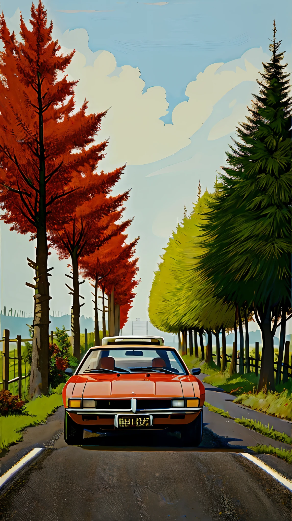 painting of a red car parked on a dirt road near a tree, kentaro miura art, in style of kentaro miura, beautiful retro art, glen orbik, inspired by Kentaro Miura, by Trevor Brown, ghibli vibe, by Kentaro Miura, kentaro miura style, laurent durieux, kentaro miura art style