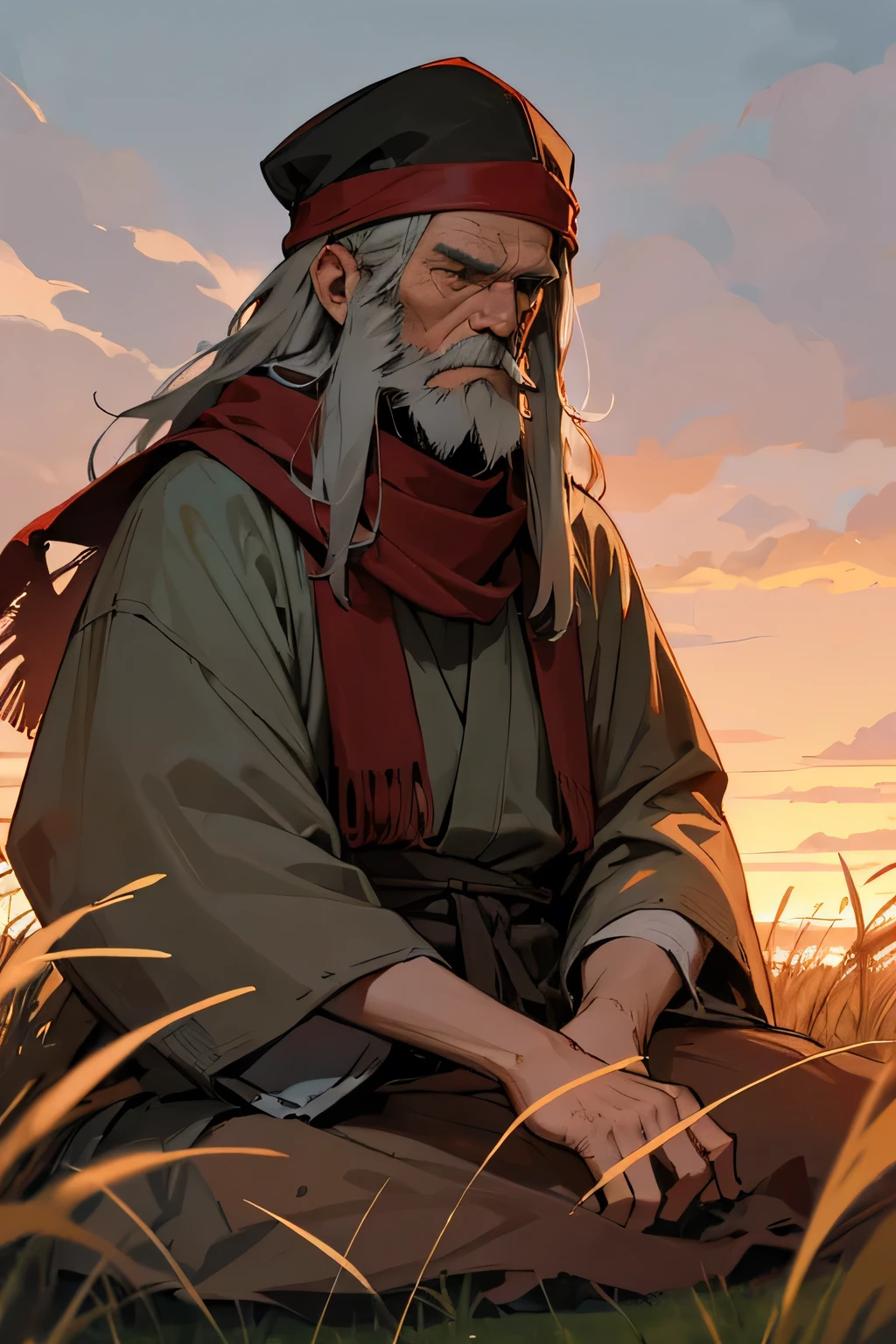 Old man, viking clothes, worn down clothes, unkempt hair, long beard. grass fields, hair covering side of face, Cappello romano, sunset, red scarf, Japanese sit, mourning, sad