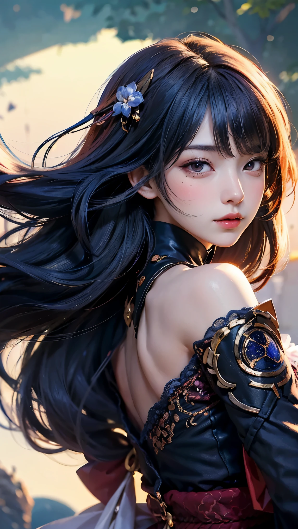 (masterpiece), (best quality), (ultra detailed),(illustration), (1girl),looking at viewer, (interview),beautiful detailed eyes, delicate beautiful face, Floating,(high saturation),(shining), breast, Raiden_shogun is pulling a blade from her chest