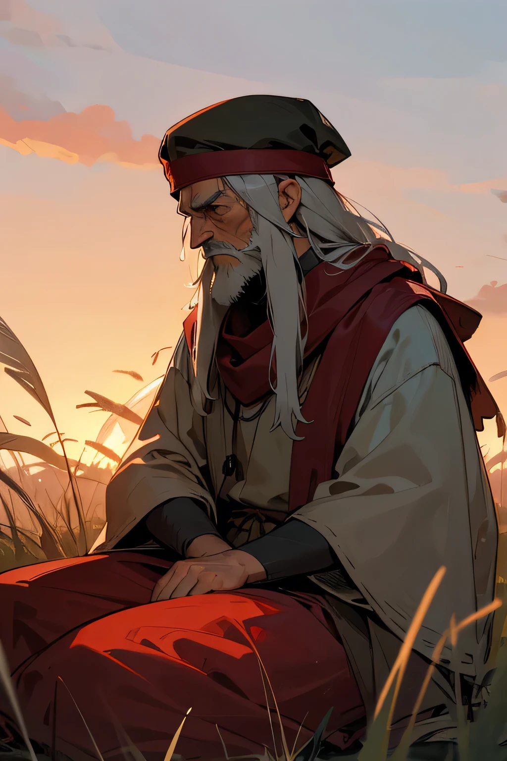 Old man, viking clothes, worn down clothes, unkempt hair, long beard. grass fields, hair covering side of face, Cappello romano, sunset, red scarf, Japanese sit, mourning, sad