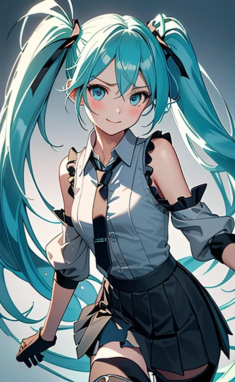 (masterpiece:1.4、top-quality、illustration:1.4,realistic、)、(character focus、breast focus,upper body:1.3)、(1girl),(clear face:1.3),(miku hatume),cute face,blue eyes、()、
,(stand:1.4),(Shining smile),
,(slender),(aqua necktie, black footwear, black skirt, black sleeves, boots, collared shirt, detached sleeves, grey shirt, necktie, pleated skirt, shirt, skirt, sleeveless, sleeveless shirt, thigh boots, tie clip,:1.3),
(fluorescence light green long hair:1.6,,),(twintails), (small breasts:1.3)、
、slender、hatsune_miku_bluearchive