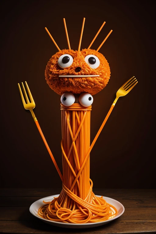 An anthropomorphic bowl of orange spaghetti, its vibrant strands forming arms and legs, expresses surprise with large eyes and an open mouth. It sits on a dark brown table against a deep red background, a fork waiting nearby.