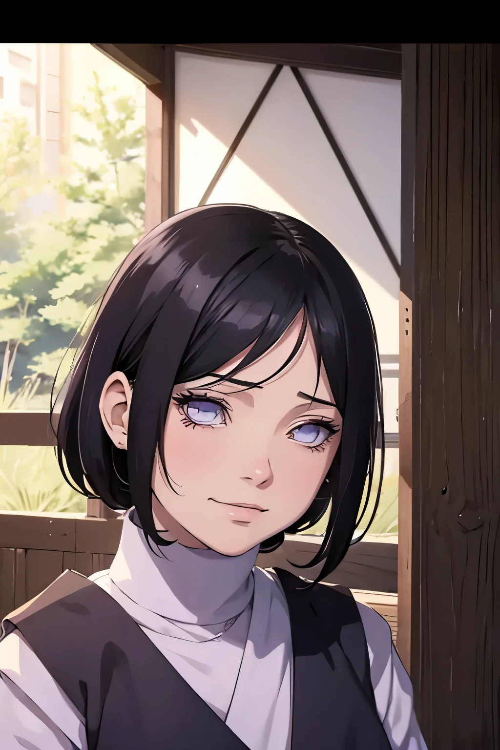 2d, _child_, {{4 years old}}, RPG character in Naruto alternative universe by Masashi Kishimoto, specially in hyuga clan; Appearance base is Wraith from Apex Legends, with byakugan-soft lilac eyes, kind and soft expression making her look swwet; joyfull, short and dark hair (with shades of dark blue); artwork in modern Japanese animation style, 8k high definition quality, masterpiece, {{high detailed eyes}}, grain filter, high resolution, extremely detailed, portrait, Anatomically accurate, girly reddish cheeks; (highest quality:1.3), {{dutch angle}}, {{smiling todler}}, {{inocent}} ((byakugan)), ((child)), soft expression, kind expression, Traditional Hyuuga outfit