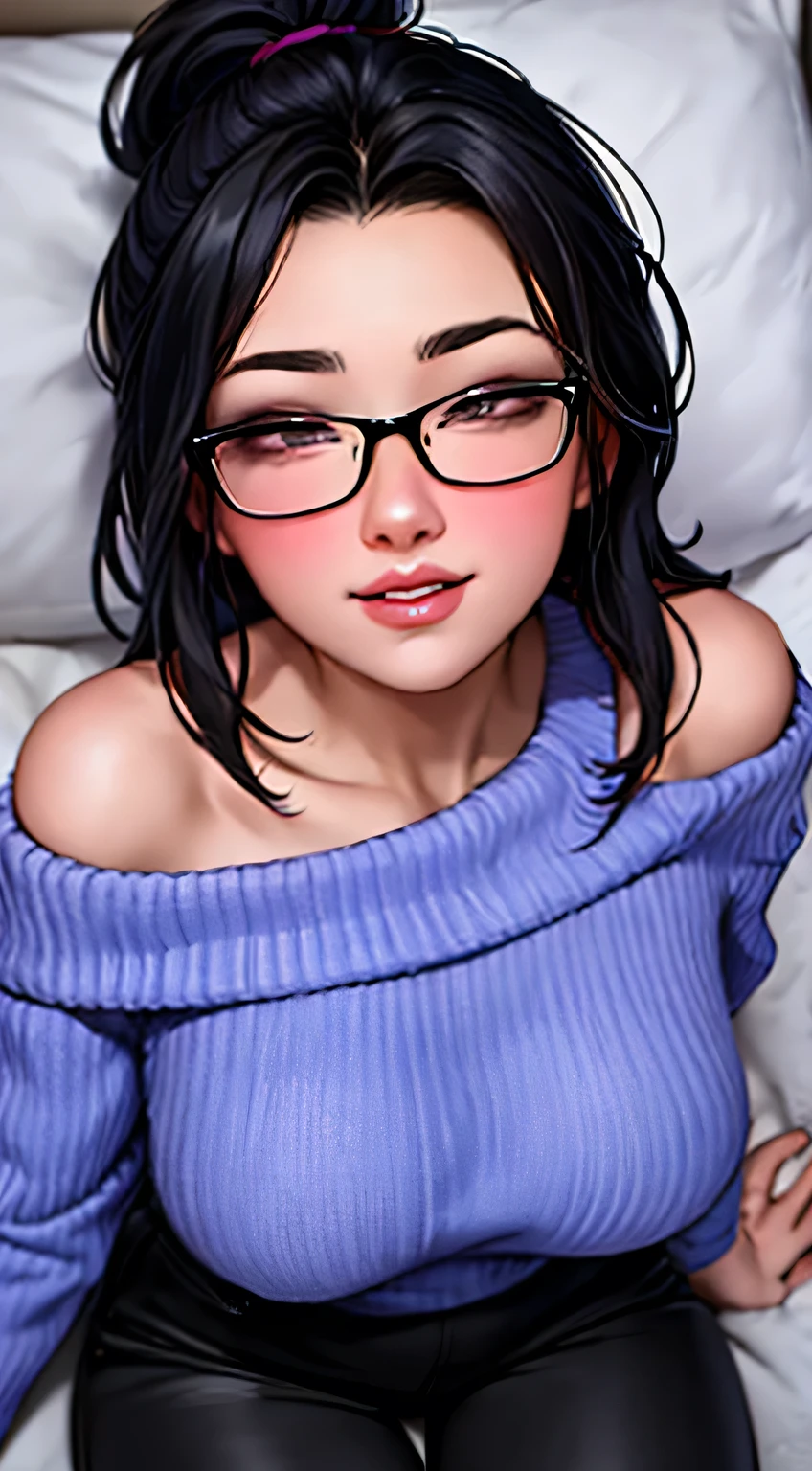 Amazing portrait of a sexy and cute woman with a beautiful face and her black hair in a ponytail wearing glasses and her perfect lips are parted wearing a purple knitted off shoulder sweater showcasing her bare shoulders and black pants while lying on bed having her head on pillow facing up while seductively gazing and smiling and blushing intensely having a medium chest with cleavage and a perfect body 