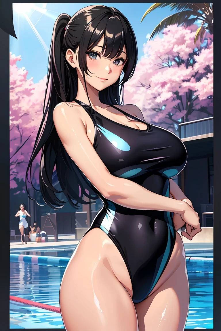 A high-quality hologram anime-style girl. The card has a black background, enhanced with a glittery and mother-of-pearl finish. high resolution、Ultra HD、Best Quality、Top quality、Extremely detailed image quality、Realistic woman、A big smile、(1girl:1.8)、(looking straight:1.8), Japanese、Peaceful face、45-year-old woman、Married Woman、Plump body、belly button、Black Hair、long、Shiny skin、Skin that is very shiny after applying oil、High gloss skin、Facing forward、The whole body is reflected、The road in front of the house、Woman wearing(The description of Competition swimwear:1.5), (One piece swimsuit:1.2), (High leg swimsuit:1.2), (Reflection of light:1.4), High leg panties, (Bursting huge breasts、Valley、Shiny skin、radiant skin、Glowing Skin、High gloss skin:1.4)、. The artwork captures a vibrant and detailed depiction, with a shimmering effect to mimic a holographic appearance.