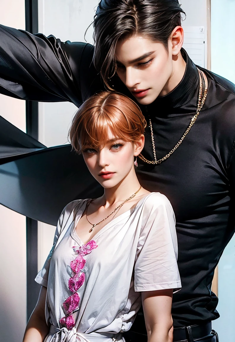 masterpiece, top-quality, 2Others, Male and female couples, 1 man and 1,, Adults, Height difference, different fashion, different color, finely eye and detailed face, intricate detailes, Chill clothing, Short hand Oversized T-shirt, Black T-shirt, Veins on Hand, Man with black mask, Man with Baseball hat, Man with black mask, Modern urban streets, Hands on back, A smile, Happiness, tenderness, high-level image quality、 beautiful male、tall、hug from behind、Trying to kiss、nighttime scene、𝓡𝓸𝓶𝓪𝓷𝓽𝓲𝓬、Korean Male, Idol Photos, k pop, Professional Photos, Vampires, Korean fashion in black and white, Man with a necklace, inspired by Sim Sa-jeong, androgynous vampire, :9 detailed face: 8, extra detailed face, detailed punk hair, ((asa)) baggy eyes, Seductive. Highly detailed, semi realistic anime, Vampires, hyperrealistic teen, delicate androgynous prince, imvu, short hair above the ears, Man with short hair, Woman with pink wavy long hair, A man with a glaring expression and a woman with a gentle expression, With a short-haired man with bright ash brown hair, Woman with pretty wavy long pink hair, Woman with very Big tits, Woman very big tities. Sexy woman.