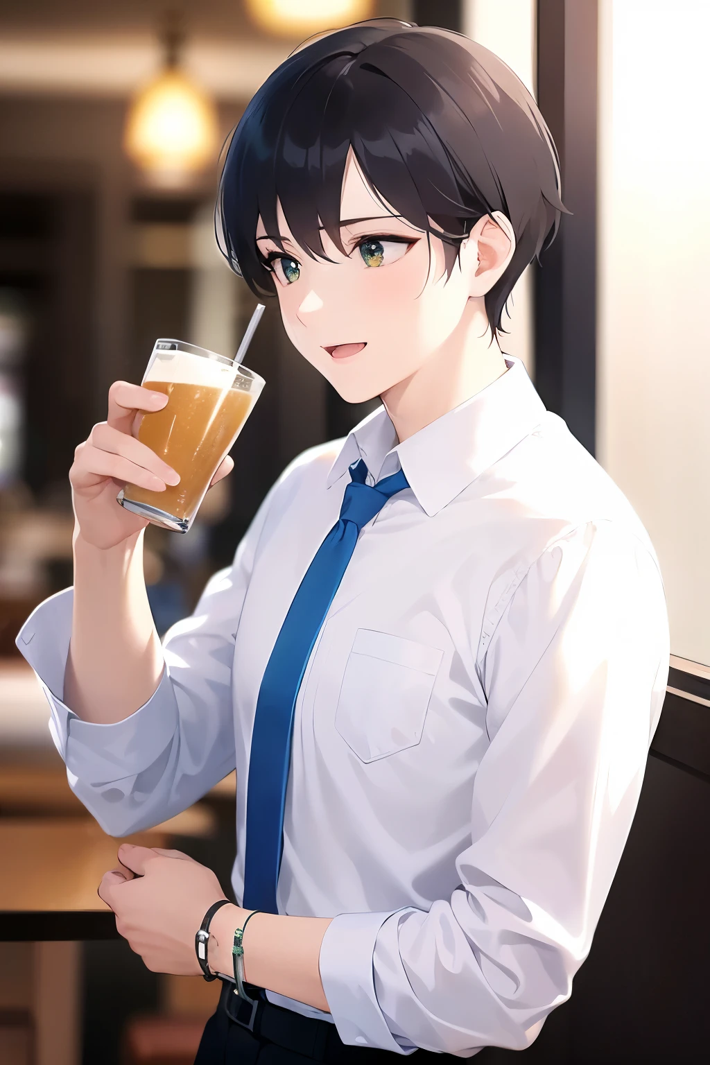 holding a beer, side angle, (looking away:1.5)、masterpiece、highest quality、(25-year-old male:1.5) and (Brown short hair) and (Green Eyes), (White shirt) and (Blue tie)、smile、open mouth, 7. The background is a restaurant、(Alone:1.5)、Upper body is shown、Are standing