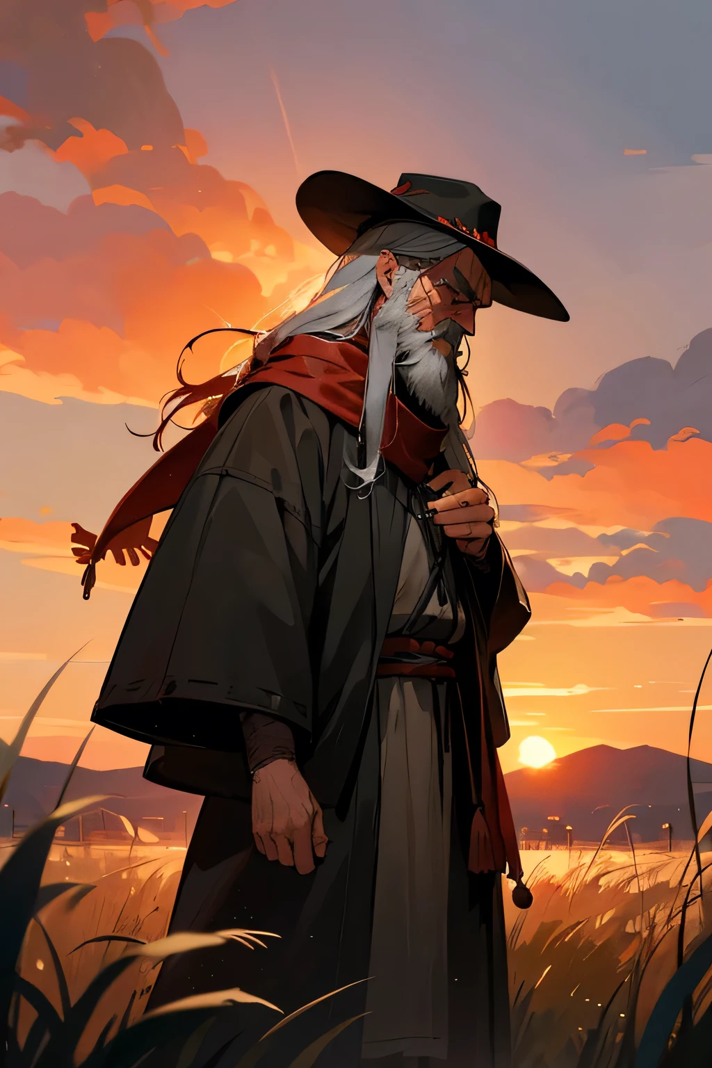 Old man, viking clothes, worn down clothes, unkempt hair, long beard. grass fields, hair covering side of face, black brimmed hat, sunset, red scarf, Japanese sit, mourning, sad, looking at rosary in hand