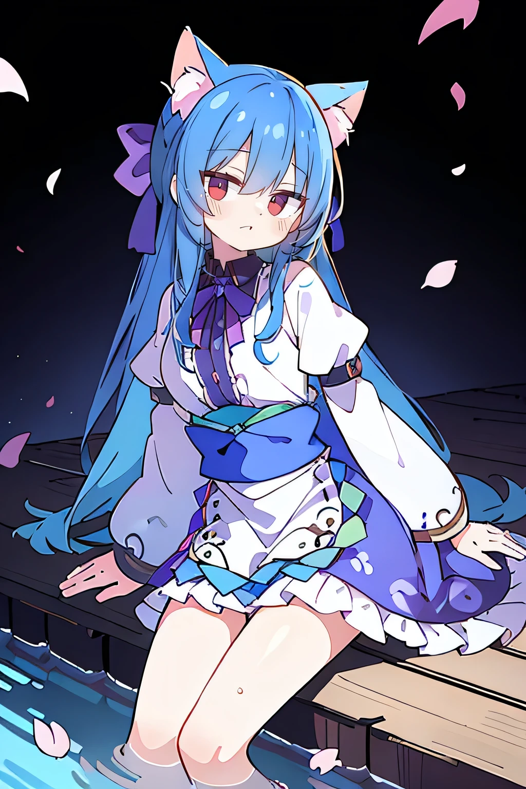 (masterpiece:1.2),ultra-detailed,realistic,expressive eyes,fair-skinned,perfectly shaped face,1girl,
Japanese cartoons,Gorgeous blue hair, flowing blue hair,floating clothes,cat ears,petals falling,beautiful Lola,Hina Angel,
hands on waist,gracefully sitting on the ground,legs crossed,gentle and serene background,cool and comfortable pavilion,smile.