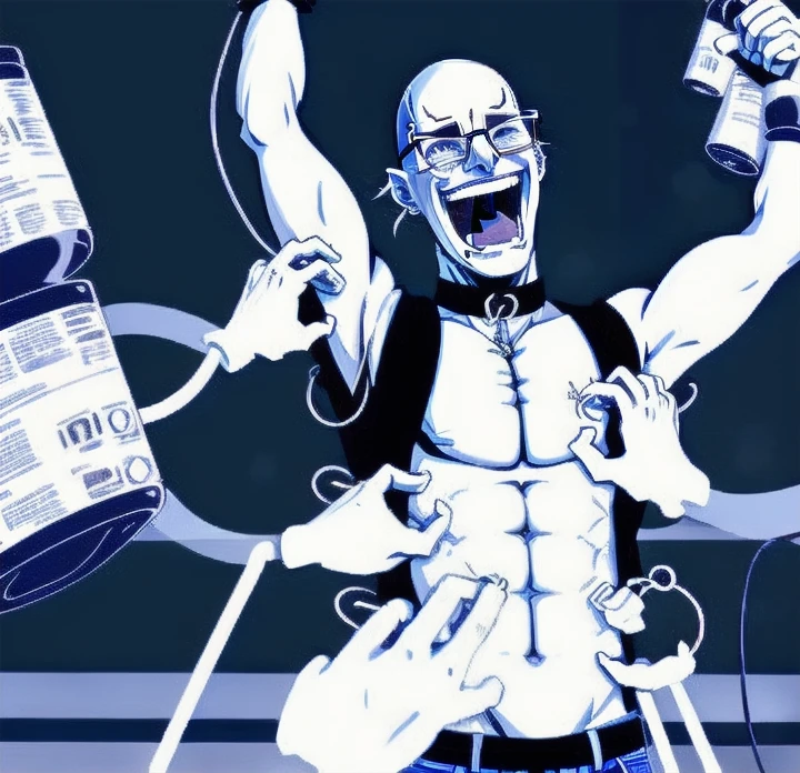 3 men, Handsome muscular bald man wearing glasses with open button lab coat laughing handcuffed hands above head, handsome muscular man dresses as a lunatic tickling armpits of man in lab coat, handsome muscular man dressed as a mad scientist tickling ribs of man in lab coat, tickle torture, armpit tickling, rib tickling, hip tickling, armpit grab, asylum background 