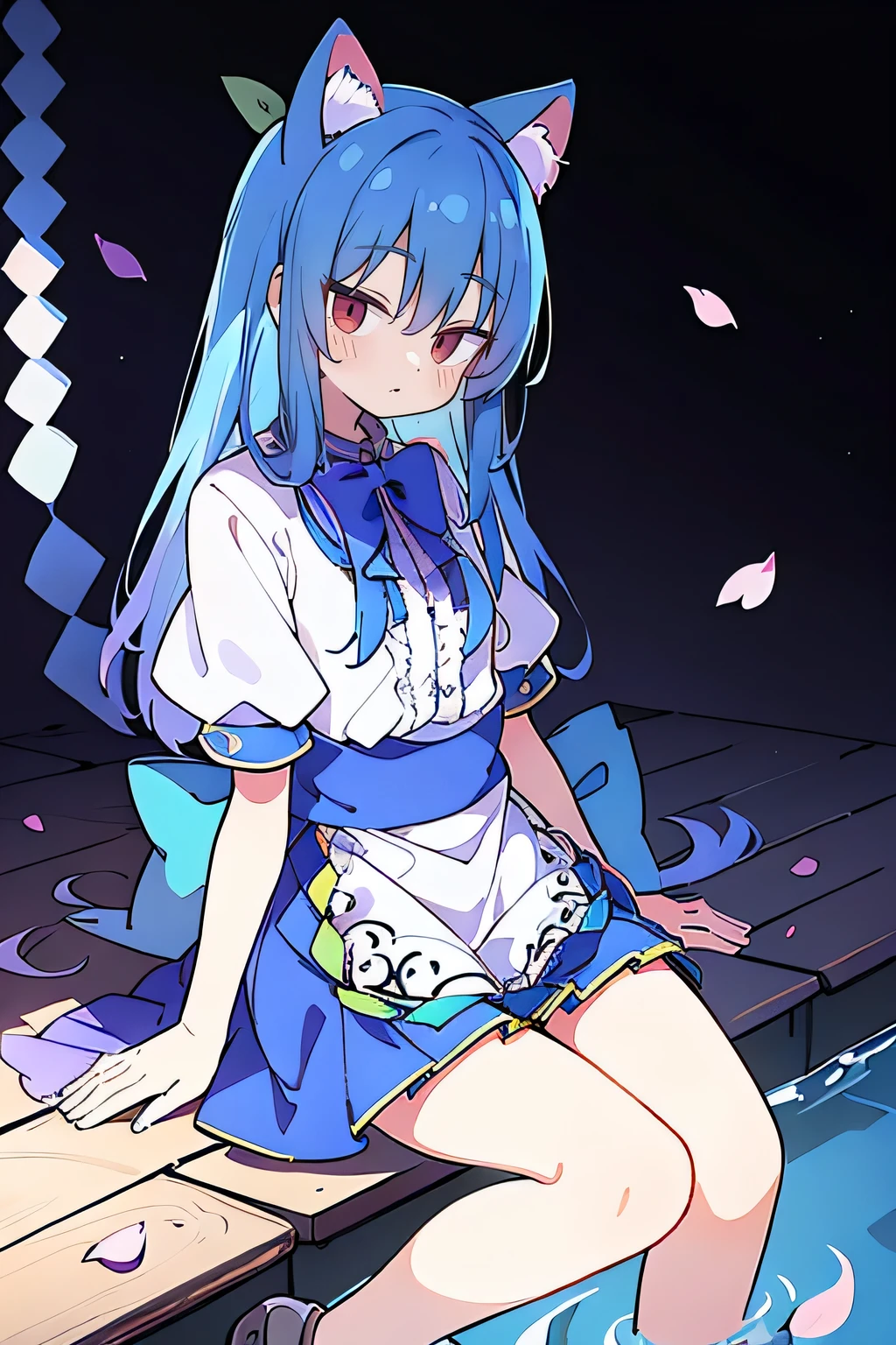 (masterpiece:1.2),ultra-detailed,realistic,expressive eyes,fair-skinned,perfectly shaped face,1girl,
Japanese cartoons,Gorgeous blue hair, flowing blue hair,floating clothes,cat ears,petals falling,beautiful Lola,Hina Angel,
hands on waist,gracefully sitting on the ground,legs crossed,gentle and serene background,cool and comfortable pavilion,smile.